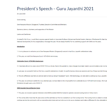 President’s Speech – Guru Jayanthi 2021