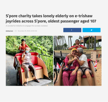 S’pore charity takes lonely elderly on e-trishaw joyrides across S’pore, oldest passenger aged 107