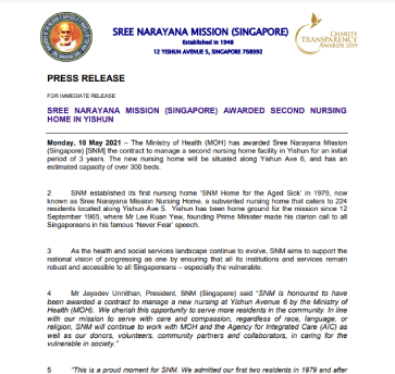 Sree Narayana Mission (Singapore) awarded second nursing home in Yishun