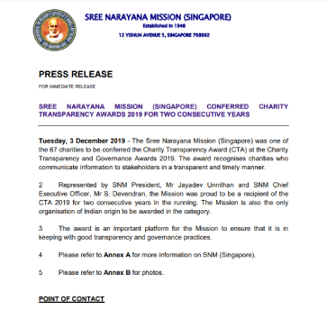 Sree Narayana Mission (Singapore) conferred Charity Transparency Award 2019 for two consecutive years