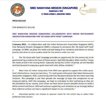 Sree Narayana Mission (Singapore) collaborates with Indian Restaurants Association Singapore for ‘Do Good with Food’ campaign
