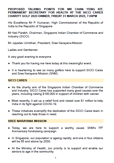 Talking Points for PS(H) at SICCI Cares Charity Golf Dinner 31 March 2023