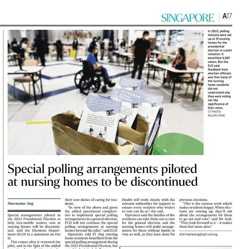 Straits Times – Special polling arrangements at nursing homes to be discontinued for coming GE: ELD