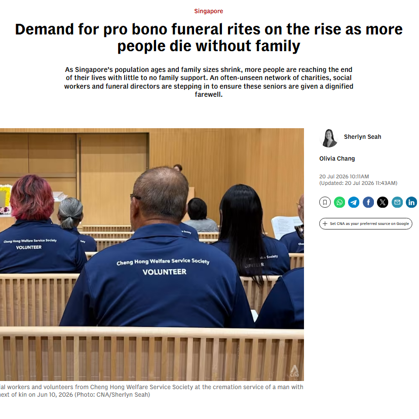 Channel NewsAsia – Demand for pro bono funeral rites on the rise as more people die without family