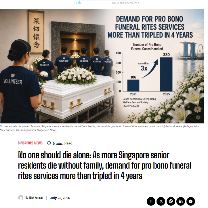 The Independent Singapore – No one should die alone: As more Singapore senior residents die without family, demand for pro bono funeral rites services more than tripled in 4 years